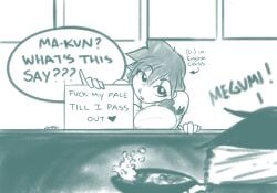 1boy 1girls amano_megumi amano_megumi_wa_suki_darake! asking_for_help asking_for_it big_breasts braided_hair breast_press breasts cooking dumpsite female male question sign