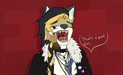 aegishjalmur anthro bisexual_pride_colors black_hair blonde_hair blue_eyes bra braided_hair brick chains claws clothing collar countershading dialogue duo eyebrow_piercing facial_piercing female female/female fenrir_(mythology) fur fur_collar hair heathen highlights_(coloring) jacket jewelry kacey_d. kcdodger leather leather_clothing leather_jacket leather_topwear lesbian_pride_colors lgbt_pride mjolnir mouth_play open_mouth piercing pink_triangle pride_colors pride_pins smile solo tan_body tan_fur tattoo teeth tongue tongue_piercing topwear transgender_pride_colors underwear white_body white_fur