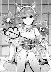 1girls absurdres alternate_costume animal_ears bell blush bow cat_ears cat_tail closed_mouth commentary_request fake_animal_ears fake_tail female female_only fingerless_gloves fire_emblem fire_emblem_fates fire_emblem_heroes fur_collar gloves greyscale hairband halloween_costume hand_fan highres holding japanese_clothes monochrome multiple_tails nintendo official_alternate_costume panties pantyshot photoshop_(medium) sakura_(fire_emblem) sakura_(halloween)_(fire_emblem) short_hair sitting smile solo tail underwear upskirt yyillust