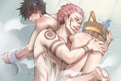 2boys :q abs arm_tattoo ass ass_grab bath black_hair blush bucket clenched_teeth facial_tattoo feet fireman's_carry full-face_blush fushiguro_megumi gay holding holding_bucket hy_(hungyu) jujutsu_kaisen legs male male_focus male_only multiple_boys naughty_face nude pink_hair red_eyes ryoumen_sukuna_(jujutsu_kaisen) short_hair shoulder_tattoo soles spiked_hair steam stomach_tattoo tattoo teeth thighs tongue tongue_out towel undercut wooden_bucket yaoi