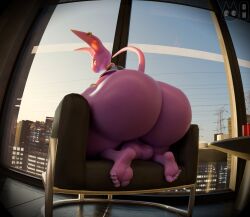 2025 3d_(artwork) 5_fingers anthro ass beerus big_butt bottomless bottomless_anthro bottomless_male clothed clothing digit_ring digital_media_(artwork) domestic_cat dragon_ball dragon_ball_super ear_piercing english_description feet felid feline felis fingers fur furniture god_of_destruction gold_piercing gold_ring hairless hairless_cat hi_res humanoid_feet inside jewelry kneeling long_ears looking_back male mammal mouth_closed on_sofa piercing plantigrade purple_body purple_fur raised_tail rear_view ring sofa solo sphynx_(cat) tail toe_ring toes totallyd window