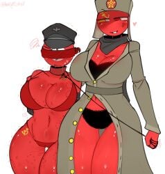 2girls annoyed bite_mark bite_mark_on_breast bite_mark_on_shoulder bite_mark_on_thigh bite_marks black_lace black_lace_bra black_lace_panties black_underwear blush blush_lines blushing_female bulge bulge_through_clothing coat countryhumans countryhumans_girl edit germany_(countryhumans) heterochromia kak0yt0_chel_edit kak0yt0_chel_style leash leash_and_collar leash_pull leashed_collar long_coat nazi nazi_germany nazi_germany_(countryhumans) red_body red_underwear revealing_clothes scarf shivering soviet_union_(countryhumans) submissive_female trenchcoat ushanka visor_cap