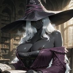 1girls absurd_res ai_generated areola_slip areolae cleavage colored_skin dark-skinned_female dark_skin dress elden_ring elden_ring_nightreign hat_over_eyes heavy_breathing huge_breasts indoors library liu_(artist) looking_at_viewer nipple_slip nipples parted_lips recluse_(nightreign) seductive solo solo_female voluptuous voluptuous_female white_hair witch witch_hat
