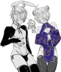 2boys alternate_costume bulge bunny_ears chibi china_dress chinese_clothes cleavage_cutout clone crossdressing dilf double_bun dual_persona embarrassed femboy femboy_dilf gegege_no_kitarou hair_over_one_eye kitarou_tanjou_gegege_no_nazo looking_at_viewer male male_only male_playboy_bunny medama_oyaji_(human) mmcount partially_clothed pelvic_curtain reverse_bunnysuit thick_thighs thighhighs