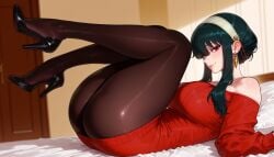 1girls ai_generated ass balecxi bangs bare_shoulders bed bed_sheet black_footwear black_hair black_legwear black_pantyhose blush breasts brown_pantyhose cleavage closed_mouth clothing curvaceous curvaceous_female curvaceous_figure curvy curvy_figure dress earrings female female_focus female_only footwear gold_earrings hair_ornament hairband headwear high_heels huge_breasts indoors inviting inviting_to_sex jewelry large_breasts legs legs_up legwear light-skinned_female long_hair long_sleeves looking_at_viewer lying off-shoulder_sweater off_shoulder on_back on_bed on_side pantyhose pillow presenting presenting_ass presenting_breasts presenting_hindquarters presenting_self red_dress red_eyes red_sweater seductive seductive_look seductive_smile shoes short_hair_with_long_locks sidelocks sitting smile solo spy_x_family sweater sweater_dress thick_thighs thighhighs thighs voluptuous voluptuous_female white_hairband yor_briar yor_forger