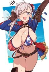 1girls american_flag_bikini asymmetrical_hair bikini blue_eyes breasts ebora fate/grand_order fate_(series) female hips huge_breasts light-skinned_female light_skin long_hair miyamoto_musashi_(fate) miyamoto_musashi_(swimsuit_berserker) pink_hair thick_thighs thighs wide_hips youngmanisdown
