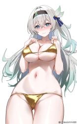 absurdres alphaart bare_shoulders bikini black_bow black_hairband blue_eyes blush bow breasts collarbone cowboy_shot embarrassed female firefly_(honkai:_star_rail) gold_bikini golden_bikini gradient_hair green_hair grey_hair groin hair_between_eyes hairband hairbow highres honkai:_star_rail honkai_(series) large_breasts looking_at_viewer multicolored_hair navel simple_background solo stomach swimsuit tearing_up thigh_gap twitter_username white_background