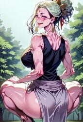 ai_generated backwards big_ass big_breasts breasts buddha_(record_of_ragnarok) buddha_(shuumatsu_no_valkyrie) bun earrings gender_bender glasses long_hair looking_at_you open_mouth record_of_ragnarok shuumatsu_no_valkyrie smiling squatting thick_thighs tongue_out white_and_greenish_hair