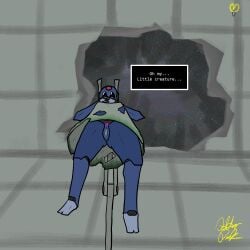 aft3r_d4rk biped black_eyes blue_body blush clothed clothing covering covering_mouth digital_media_(artwork) embarrassed female genitals hi_res humanoid iterator_(rain_world) looking_at_viewer looks_to_the_moon_(rain_world) low-angle_view machine mouthless pussy rain_world robot robot_humanoid sky solo speech_bubble tattoo text torn_clothing tramp_stamp upskirt videocult