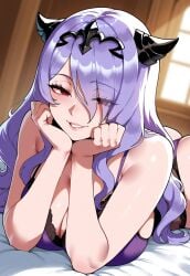 1girls ai_generated bed bedroom bedroom_eyes big_ass big_breasts camilla_(fire_emblem) civitai dug-lith-pls fat_ass female female_focus female_only fire_emblem fire_emblem_fates hands_under_head headwear large_breasts light-skinned_female lingerie lingerie_panties long_hair long_purple_hair looking_at_viewer nintendo on_bed on_stomach pink_lipstick purple_hair purple_hair_female purple_lingerie red_eyes seductive seductive_eyes seductive_smile small_horns solo solo_female solo_focus tagme thiccwithaq_(ai_style)