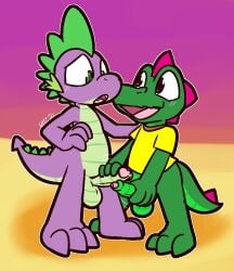 2025 3_toes anthro anthro_on_anthro balls black_eyes blush bottomless clothed clothing cute_fangs dragon duo erection european_mythology fangs feet foreskin friendship_is_magic genitals glans green_balls green_body green_eyes green_hair green_penis green_scales hair handjob hasbro humanoid_genitalia humanoid_penis looking_down male male/male masturbation my_little_pony mythological_creature mythological_scalie mythology nude open_mouth penile penile_masturbation penis pink_glans pupils purple_body purple_scales red_body red_clothing red_hair red_scales red_shirt red_topwear scales scalie sex shirt slit_pupils smile spade_tail spike_(mlp) standing tail teeth toes topwear ultilix uncircumcised western_dragon yellow_clothing yellow_shirt yellow_topwear
