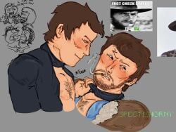 blondie_(clint_eastwood) blue_eyes blush brown_hair chest chest_hair cigarette cigarette_in_mouth clint_eastwood doodles embarrassed gay hang_em_high idk_if_ts_selfcest jed_cooper leather_jacket looking_at_another looking_at_partner looking_away looking_down male maybe_selfcest navy_blue_clothes open_shirt scar scar_on_neck selfcest smoke spectishorny tugging tugging_collar