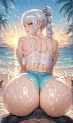 1boy 1girls abs ai_generated baldur's_gate_3 beach big_ass big_breasts blush braid braided_hair bulge_through_clothing dungeons_and_dragons elf green_eyes looking_at_viewer looking_back male_pov oiled_skin pointy_ears scar shadowheart sitting sunset tank_top teasing white_hair