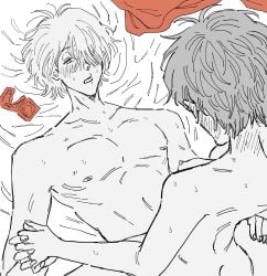 1boy 1girls ambiguous_penetration blush canon_couple completely_nude condom condom_wrapper cowgirl_position female gegege_no_kitarou hair_over_one_eye half-closed_eyes husband_and_wife iwako_(gegege_no_kitarou) kitarou_tanjou_gegege_no_nazo looking_pleasured male male_focus married_couple medama_oyaji_(human) no_visible_genitalia nude on_back restricted_palette short_hair spot_color sweat