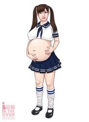 1girls asian belly big_belly big_breasts breasts brown_hair bunintheoven female hand_on_belly mary_janes pregnant school_uniform schoolgirl solo_female twintails