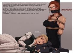 2girls black_widow_(florence_pugh) black_widow_(marvel) black_widow_(movie) blonde_hair bondage bound deckenz female female_only femsub florence_pugh gag marvel marvel_cinematic_universe multiple_girls natasha_romanoff red_hair restrained rope_bondage scarlett_johansson sisters sleeping superheroine tape_gag text the_avengers yelena_belova yellow_hair