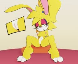 anthro archie_comics bite biting_lip bodily_fluids breasts bunnie_rabbot female genital_fluids genitals green_eyes hi_res lagomorph leporid mammal nipples nude pussy rabbit sega solo sonic_(series) sonic_the_hedgehog_(archie) sonic_the_hedgehog_(comics) sonic_the_hedgehog_(series) spikeybluething vaginal_fluids yellow_body