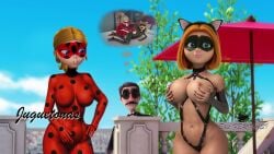 big_breasts blonde_female blonde_hair bondage cat_ears chloe_bourgeois cosplay exibitionism ferjuasi miraculous_ladybug red_hair sabrina_raincomprix