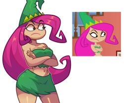 1girl bare_shoulders betilla_(rayman) big_ass big_breasts black_eyes breasts bryanjonsfw cleavage cowboy crop_top crossed_arms fairy frown green_headwear green_skirt hat long_hair lum_(rayman) mad_(series) midriff miniskirt navel pink_hair rayman_(series) reference_inset shot simple_background skirt solo very_long_hair voluptuous voluptuous_female wide_hips