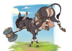 absurd_res animal_genitalia animal_pussy anus asinus big_teats black_hair blue_eyes bridle bucking donkey equid equine equine_genitalia equine_pussy female feral furgonomics furry-specific_piercing genitals hair hammer harness hi_res holding_object holding_weapon hooves long_ears mammal motion_lines outside piercing puffy_anus pussy rope shebeast sky solo teat_piercing teats tools weapon weapon_in_mouth