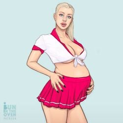 1girls belly big_belly big_breasts blonde_hair blue_eyes breasts bunintheoven cheerleader cleavage female hand_on_belly makeup pregnant