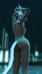 1girls 2022 3d arms_up ass back_view backboob bismarck cyborg depth_of_field female female_only final_fantasy final_fantasy_xiv gpose(ffxiv) gray_hair grey_hair medium_breasts miqo'te nude nude_female sci-fi science_fiction slushe_(website) solo solo_female standing stylized tail white_hair wide_hips