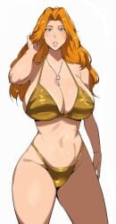 1girls beauty_mark big_breasts bikini bleach blue_eyes blush blushing blushing_female breasts elijahzx gold_bikini light-skinned_female light_skin long_hair looking_at_viewer matsumoto_rangiku mature mature_female mole mole_under_mouth necklace orange_hair redhead solo solo_female thick thick_lips thick_thighs thighs