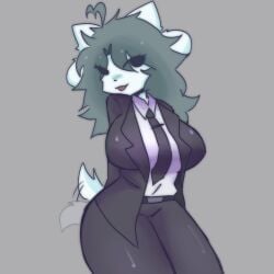 4_ears belt black_suit cat_ears curly_hair dog_ears gray_hair huge_breasts medium_hair monster monster_girl scentedpocky suit temmie_(undertale) thick_thighs thighs undertale wagging_tail white_body white_fur