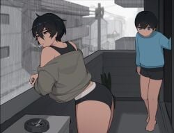 1boy 1girls age_difference androgynous aunt_and_nephew balcony big_thighs black_hair blue_eyes cigarette highres incest light_skin mature_female milf older_female pepper0 piercing raining short_hair smoking staring_at_ass thick_thighs underwear younger_male