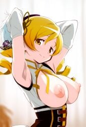 ai_generated armpits arms_behind_back arms_up artist_logo big_breasts big_breasts breasts breasts breasts_out breasts_out_of_clothes drill_hair hi_res looking_at_viewer madoka_worship magical_girl magical_girl_outfit mahou_shoujo_madoka_magica puella_magi_madoka_magica seductive seductive_look smile tomoe_mami twin_drills twintails yellow_eyes yellow_hair