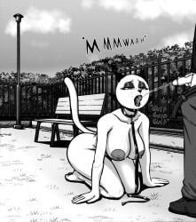 2025 absurd_res anthro big_breasts black_and_white bodily_fluids breasts callmewritefag collar digital_drawing_(artwork) digital_media_(artwork) domestic_cat drinking drinking_urine duo english_text felid feline felis female fur genital_fluids genitals hi_res human_toilet leash male male/female mammal mature_anthro mature_female monochrome mother_puss nipples nude peeing penis public screentone shaded submissive submissive_female tail text the_complex_adventures_of_eddie_puss tongue urine urine_in_mouth urine_stream watersports