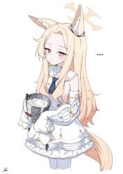 ... absurdres animal_ear_fluff animal_ears blonde_hair blue_archive blush bucket closed_mouth cross_halo cum cum_bucket cum_in_container detached_sleeves dress female forehead fox_ears fox_girl fox_tail halo highres holding holding_bucket kiroshi long_hair long_sleeves looking_at_viewer pantyhose seia_(blue_archive) sidelocks simple_background sleeves_past_fingers sleeves_past_wrists solo striped_clothes striped_pantyhose tail vertical-striped_clothes vertical-striped_pantyhose white_background white_dress white_pantyhose white_sleeves yellow_eyes yellow_halo young