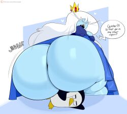 1girls adventure_time ass ass_focus backboob big_ass blue_body blue_skin blush bottom_heavy breasts bubble_ass bubble_butt cleavage crown dat_ass dialogue dumptruck_ass facesitting fat_ass female female_focus genderbent gunter gunther_(adventure_time) huge_ass hyper hyper_ass ice_queen ice_queen_(adventure_time) jiggle jiggling jiggling_ass jinu large_ass larger_female long_hair looking_back mob_face sitting sitting_on_person size_difference skindentation text thick thick_ass voluptuous white_hair wide_hips