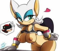 anthro bat big_breasts breasts eyeshadow female huge_breasts looking_at_viewer naked nude pussy rouge_the_bat sega shadow_the_hedgehog shirt_lift skylight_(artist) solo_female sonic_(series) sonic_riders sonic_the_hedgehog_(series)