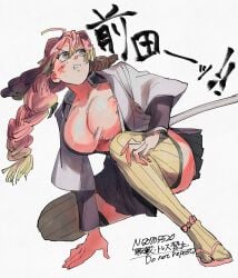 big_breasts blush braided_hair cleavage clenched_teeth crouching demon_slayer female female_only full_body haori kanroji_mitsuri kimetsu_no_yaiba long_hair mole_under_eye nari_(artist) nipple_slip no_bra one_breast_out open_shirt pink_hair pleated_skirt solo thighhighs two_tone_hair uniform wardrobe_malfunction