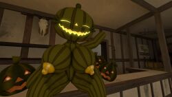 16:9 3d female five_nights_at_freddy's five_nights_at_freddy's_4 food fruit glowing glowing_eyes glowing_mouth jack_o_pumpkin_(fnaf) nipples nude orange_nipples plant pumpkin pumpkin_head solo spread_legs spreading widescreen zombuttsfm