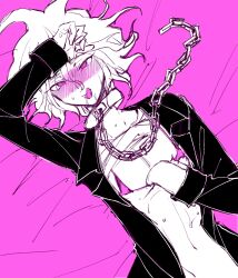 1boy bikini bikini_top blush chain_leash chains collar danganronpa danganronpa_ultra_despair_girls femboy karairo leash licking_lips looking_at_viewer male male_only nagito_komaeda on_back open_clothes open_shirt pink_eyes pose servant_(danganronpa) short_hair solo straight_hair sweat wavy_mouth