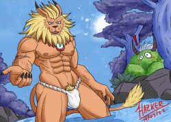 2boys abs anthro armpit_hair asian_clothing bandai_namco blonde_hair blue_eyes body_hair claws clothing digimon digimon_(species) east_asian_clothing felid fundoshi hair hazker hi_res japanese_clothing leomon male male_only mammal mane muscular muscular_anthro muscular_male nipples pubes solo underwear