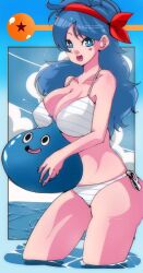 1girls ass big_breasts bikini blue_eyes blue_hair breasts cleavage dragon_ball dragon_ball_(classic) dragon_ball_z female female_only good_launch hair_ribbon hi_res large_breasts launch looking_at_viewer omochi_db solo swimsuit thighs water wide_hips