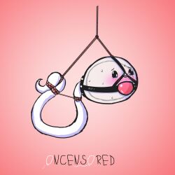 ambiguous_gender ball_gag blush blushing bondage gag oncensored oncensored_(artist) pink_background rope_bondage sperm sperm_cell sweat tied_up watermark what