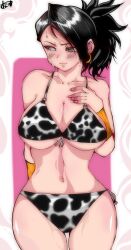 1girls bikini black_eyes black_hair blush breasts cleavage cow_print dragon_ball dragon_ball_super dragon_ball_z female female_only female_saiyan hi_res kale large_breasts looking_away omochi_db solo swimsuit thighs universe_6 universe_6/universe_7 wide_hips