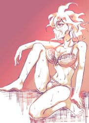 1girls big_breasts bra breast_press breasts cleavage danganronpa danganronpa_2:_goodbye_despair female female_only genderswap_(mtf) hair_between_eyes karairo lingerie looking_at_viewer medium_hair nagito_komaeda navel panties pose rule_63 sitting solo straight_hair sweat wavy_hair