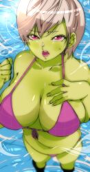 1girls alternate_breast_size big_breasts bikini breasts busty cheelai cleavage clenched_fist curvaceous curves curvy curvy_body curvy_female curvy_figure dragon_ball dragon_ball_z female female_focus female_only green_skin grey_hair hand_on_breast hi_res huge_breasts large_breasts omochi_db purple_bikini purple_eyes purple_panties shorts solo thighs voluptuous water wide_hips