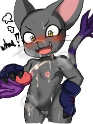 2020 3:4 anthro bandai_namco blackgatomon blush blush_lines bodily_fluids breasts breath cleft_of_venus cross-popping_vein cum cum_on_body cum_on_breasts cum_on_chest cum_on_face cum_on_leg digimon digimon_(species) disembodied_penis ejaculation fangs felid feline female female_focus flat_chest fur furry genital_fluids genitals hand_on_hip hi_res holding_penis lfer looking_up male male/female mammal nipples open_mouth open_smile penis pussy raised_tail simple_background smile solo_focus sweat tail teeth text white_background