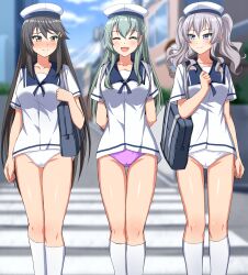 2022 3girls blue_eyes blush brown_hair closed_eyes green_hair grey_hair haruna_(kantai_collection) kantai_collection kashima_(kantai_collection) kneehighs long_hair orange_eyes panties purple_panties socks standing suzuya_(kantai_collection) sweat tagme twintails uniform white_panties zanntetu