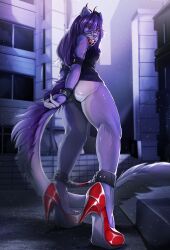 absurd_res anthro bondage canid canine canis clothing cuff_(restraint) dress drip felid feline female fur gag galdway hi_res high_heels horn hybrid iris_grim leather_cuffs lycafel mammal muzzle_(object) muzzled purple_body purple_fur red_eyes restraints solo urban wolf