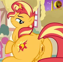 1girl 1girls 2020s 2021 accurate_art_style alpha_female anatomically_correct anatomically_correct_genitalia anatomically_correct_pussy anus ascended/redeemed_villainess ass big_anus blonde_mane building confidence confident confident_smile cottage_(building) cutie_mark dock equid equine equine_anus eyebrows eyelashes female feral genitals half-closed_eyes hasbro heroine hi_res horn house looking_back mane moderate_tomboy moon_pearl my_little_pony narrowed_eyes night orange_body outdoors pony puffy_anus pussy raised_hoof raised_tail rear_view red_mane red_tail smile solo solo_female standing stars sunset_shimmer tomboy turquoise_eyes two_tone_mane two_tone_tail unicorn watermark western_art western_cartoon yellow_fur yellow_tail