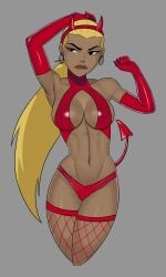 1girls 2d 2d_(artwork) absurd_res absurdres artemis_crock bikini blonde_hair blonde_hair_female clothed dc dc_comics devil_horns edit elbow_gloves fishnet_legwear latex latex_gloves red_fishnets red_latex red_latex_armwear red_thong sunsetriders7 superheroine young_justice