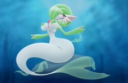 absurd_res anthro big_breasts big_lips chest_spike female game_freak gardevoir gills green_hair green_lipstick hourglass_figure huge_breasts hyperflannel looking_at_viewer mermaid nintendo pasties png pokemon pokemon_(species) red_eyes seashell_pasties seated thin_waist webbed_hands white_tail wide_hips