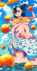 1girls bikini blue_eyes blue_hair breasts bulma_briefs dragon_ball dragon_ball_z female female_only hi_res large_breasts looking_down omochi_db solo swimsuit teenager underboob water wide_hips